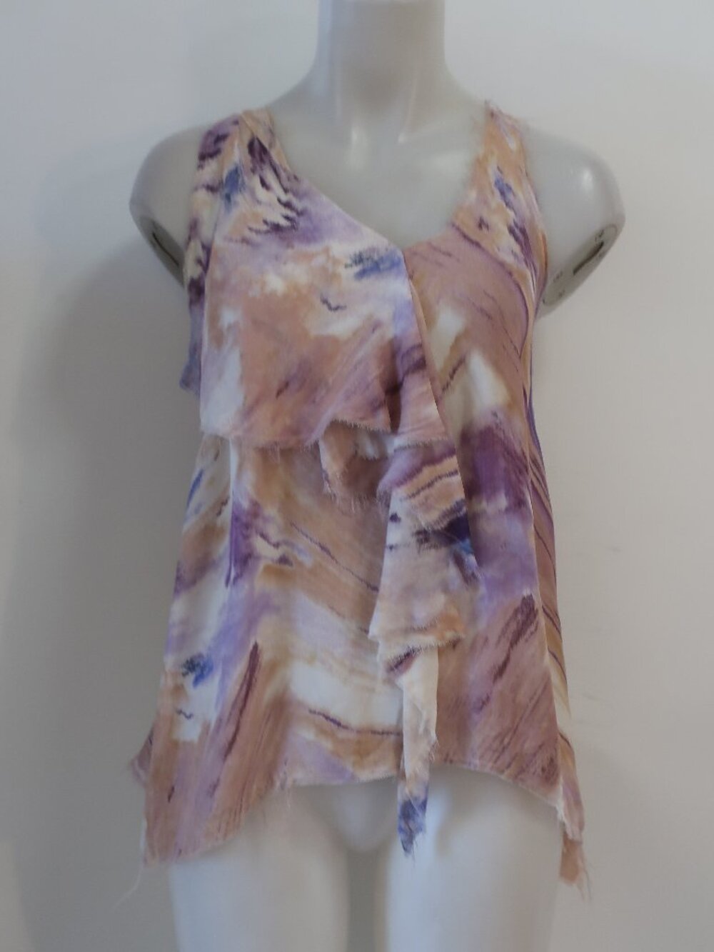 Womens Madison Marcus Purple Tan (Item-54) Raw Hem Silk V-Neck Tank Tunic Top S